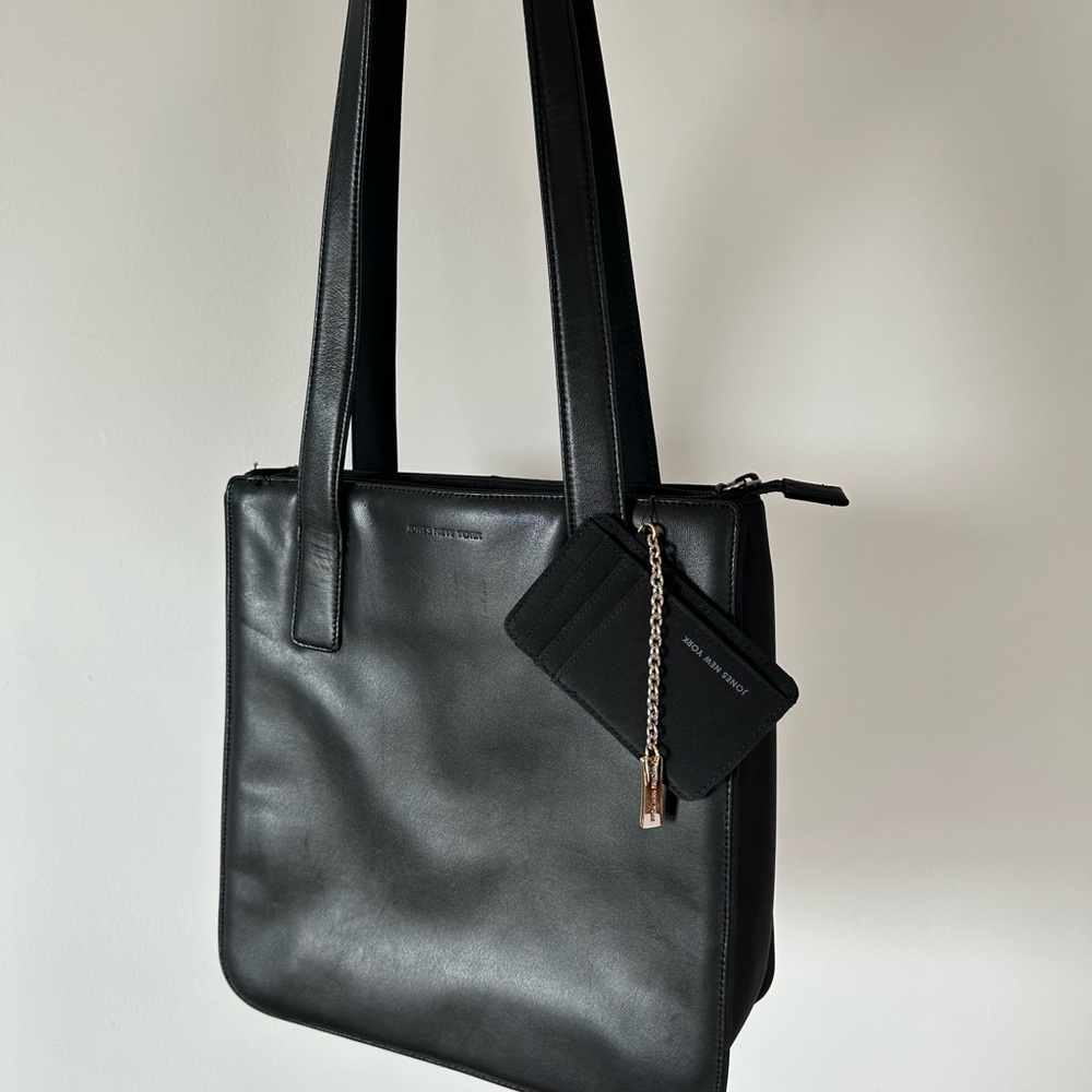 Black Genuine Leather Tote Bag Sporty Chic Minimalist 90s Corporate Chic